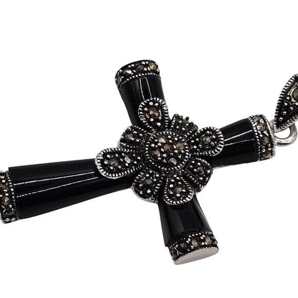 VTG Necklace Pendant Black Silver Onyx Marcasite Cross Religious Faith Gothic - Picture 6 of 14